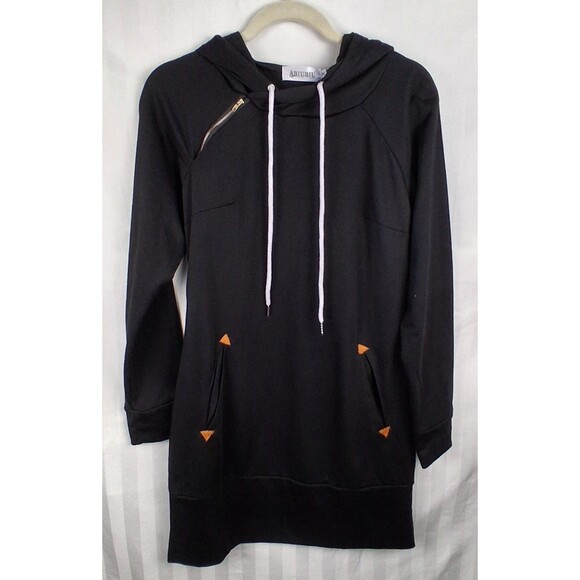 BIUBIU Mini Sweatshirt Dress Size M Black Long Sleeve Hooded Casual Relax - Picture 1 of 11